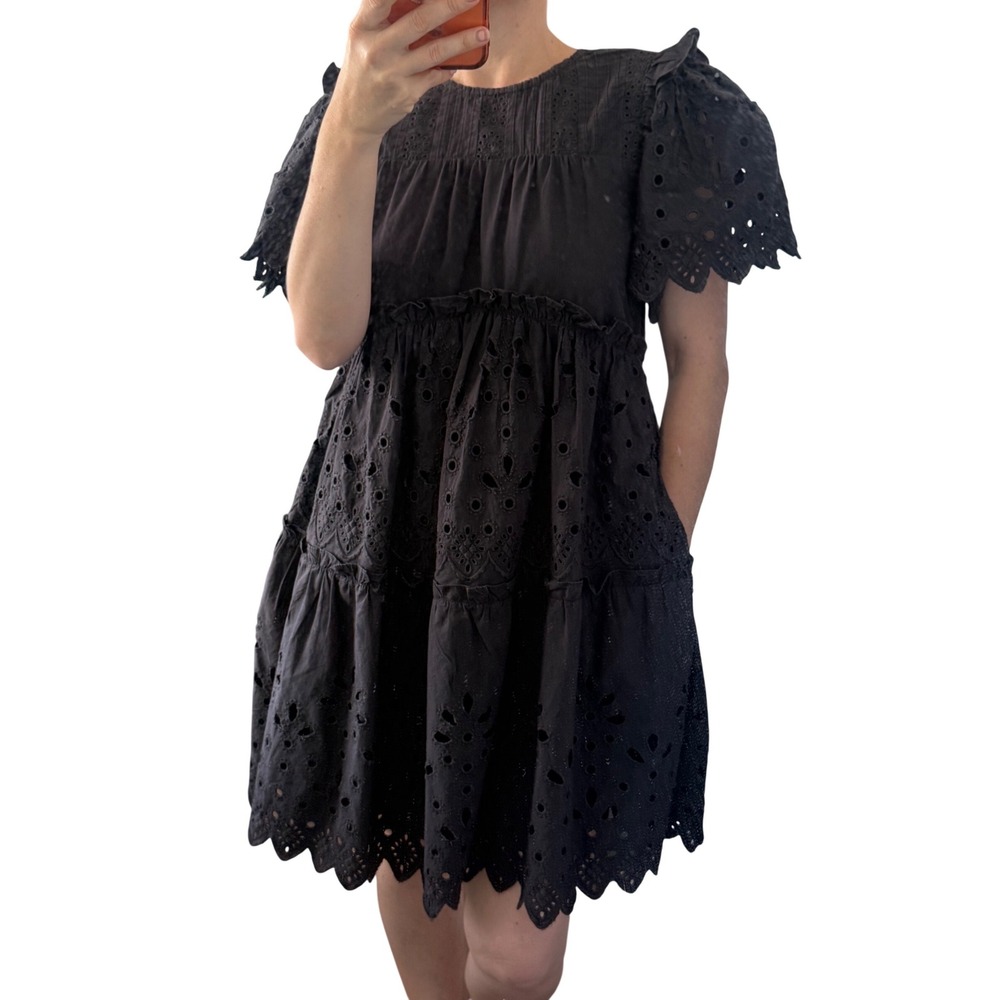 Sea New York Black Eyelet Cotton Tiered Puff Sleeve Mini Dress XXS Cottagecore